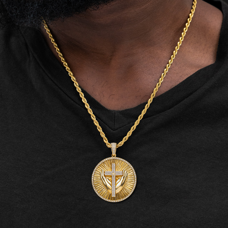 Iced Out Praying Hands Cross Round Pendant Silver With Street Luxury Shine - Image 5