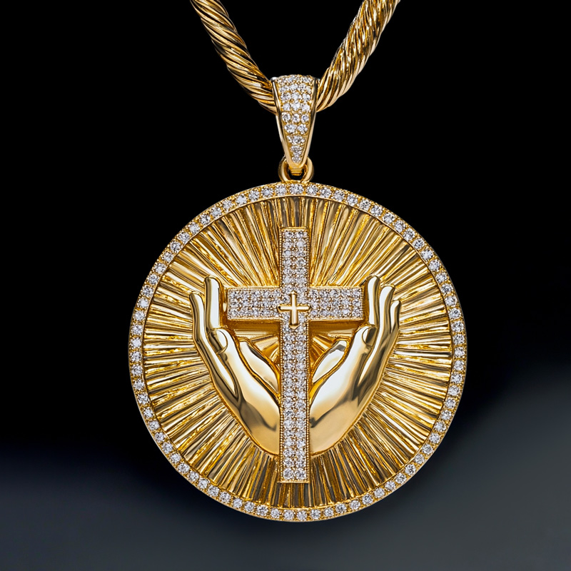 Iced Out Praying Hands Cross Round Pendant Silver With Street Luxury Shine