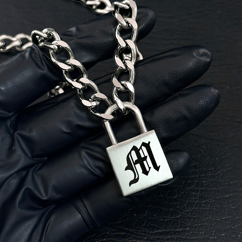 Stainless Steel Old English Letters Lock Pendant With Cuban Chain Silver - Image 3