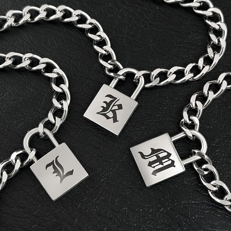 Stainless Steel Old English Letters Lock Pendant With Cuban Chain Silver - Image 4