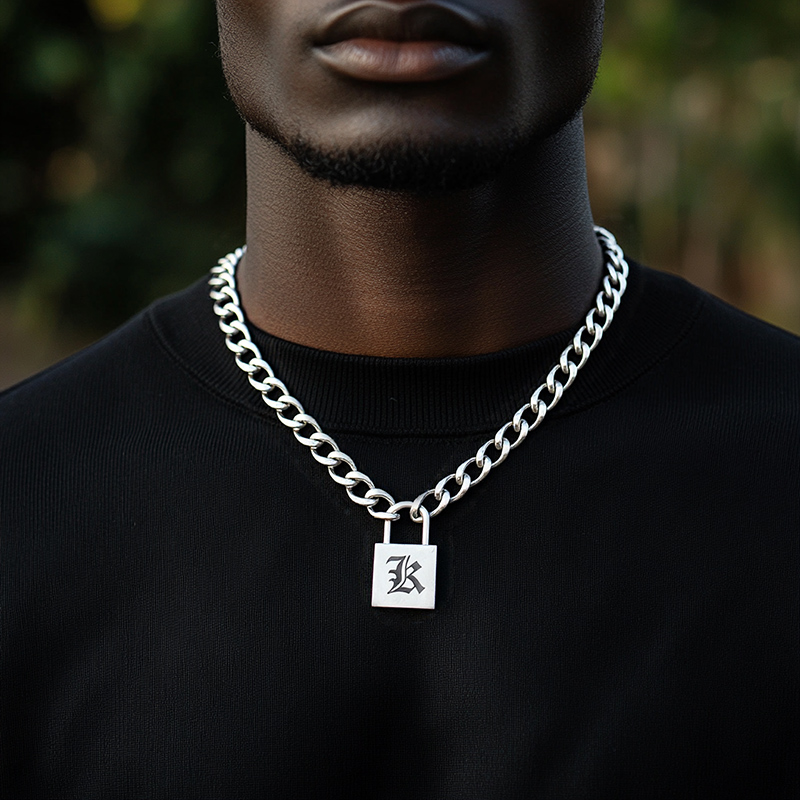 Stainless Steel Old English Letters Lock Pendant With Cuban Chain Silver - Image 5