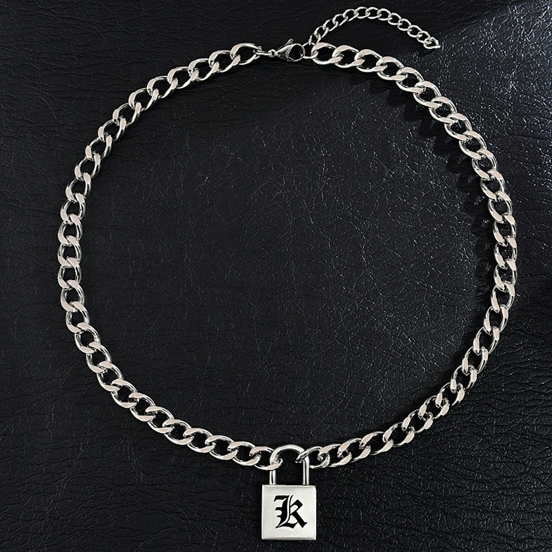 Stainless Steel Old English Letters Lock Pendant With Cuban Chain Silver - Image 6