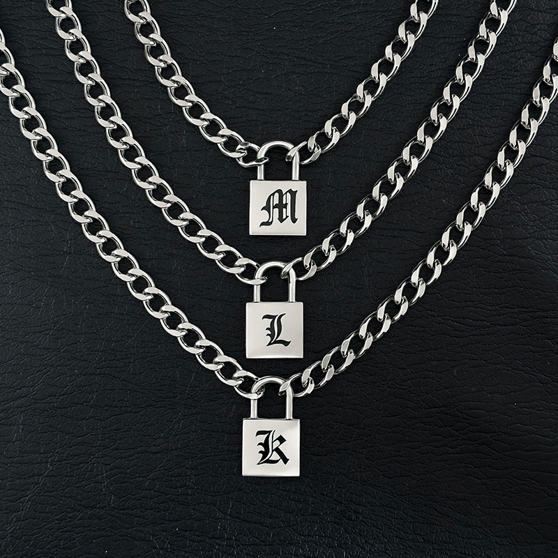 Stainless Steel Old English Letters Lock Pendant With Cuban Chain Silver