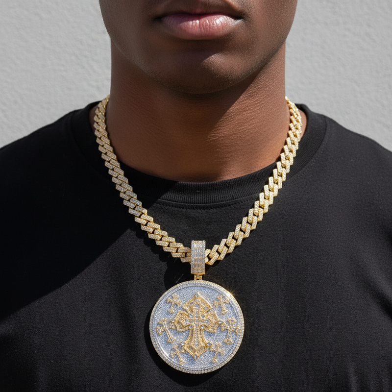 Iced Out Out Diamond Cross Disc Pendant Gold With Street Luxury Shine - Image 3