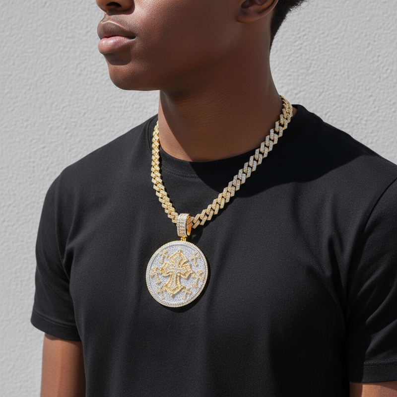 Iced Out Out Diamond Cross Disc Pendant Gold With Street Luxury Shine - Image 4