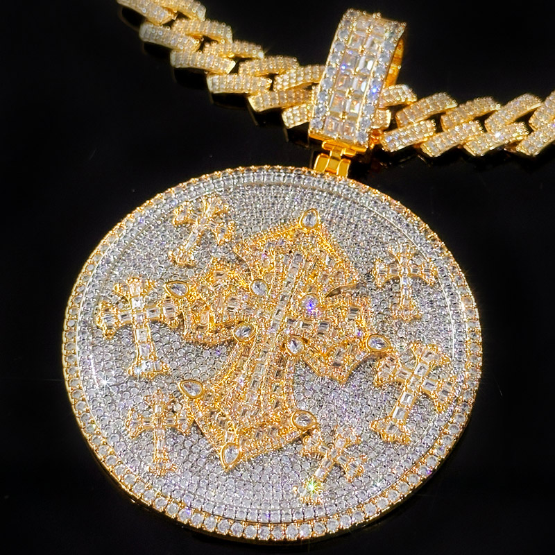 Iced Out Out Diamond Cross Disc Pendant Gold With Street Luxury Shine