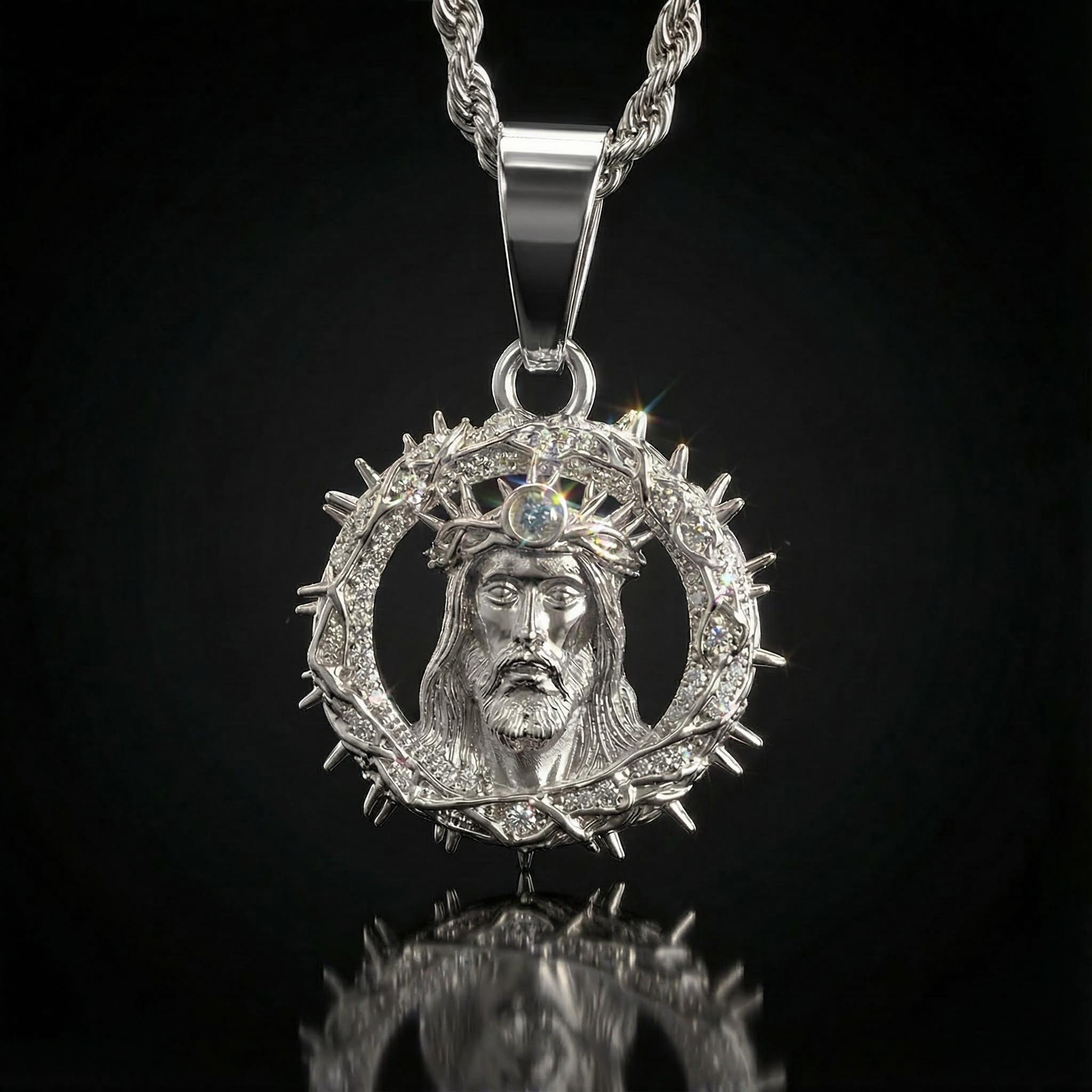 Iced Out Out Jesus Crown Of Thorns Pendant Silver With Street Luxury Shine - Image 3