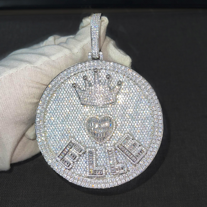 Iced Out Out Crown Heart Baguette Large Custom Name Disc Pendant Gold - Image 3