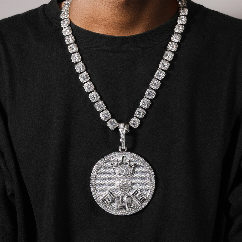 Iced Out Out Crown Heart Baguette Large Custom Name Disc Pendant Gold - Image 4