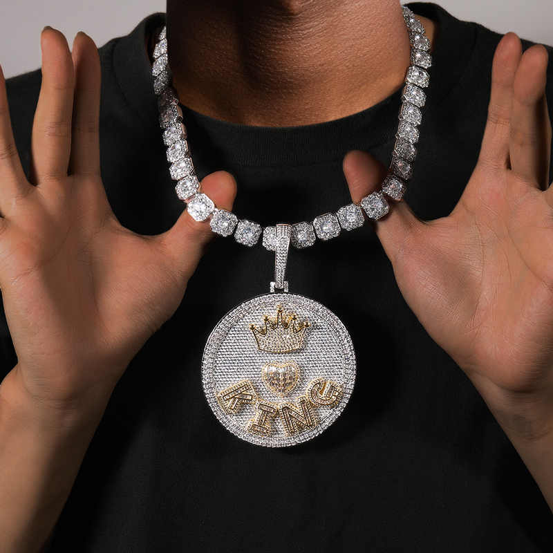 Iced Out Out Crown Heart Baguette Large Custom Name Disc Pendant Gold - Image 5