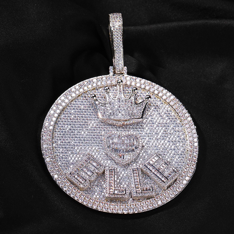 Iced Out Out Crown Heart Baguette Large Custom Name Disc Pendant Gold - Image 6