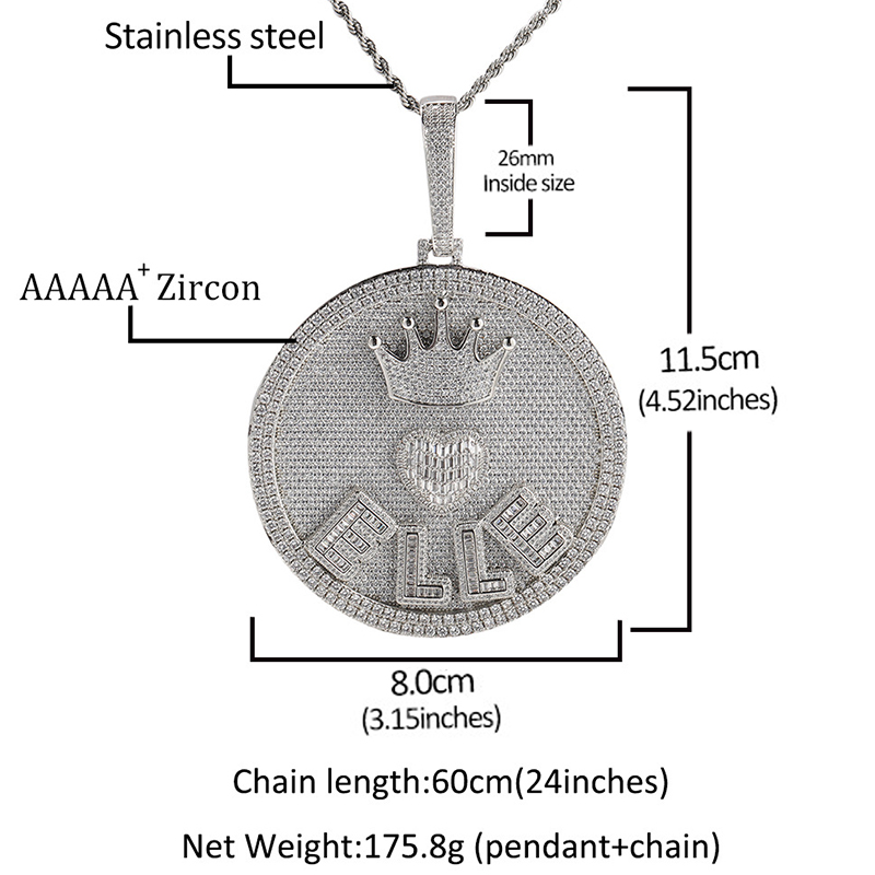 Iced Out Out Crown Heart Baguette Large Custom Name Disc Pendant Gold - Image 7