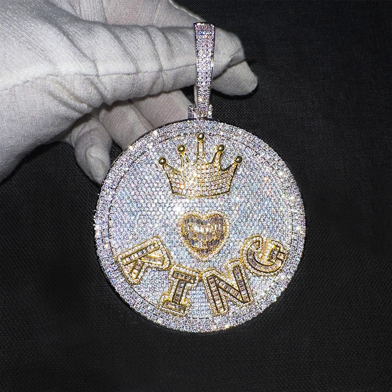 Iced Out Out Crown Heart Baguette Large Custom Name Disc Pendant Gold