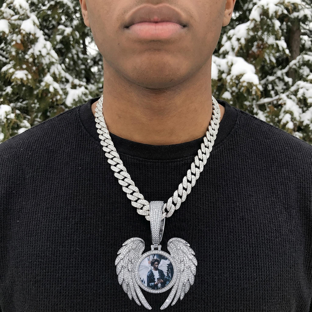Iced Out Out Angel Wings Round Memory Photo Pendant Moissanite - Image 3