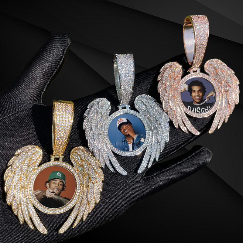 Iced Out Out Angel Wings Round Memory Photo Pendant Moissanite - Image 4