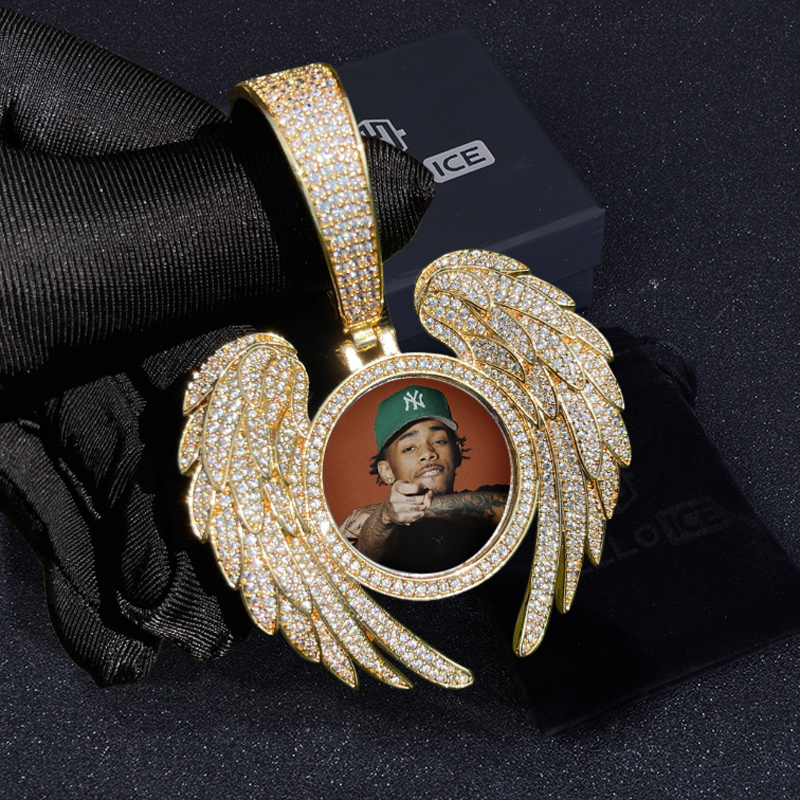 Iced Out Out Angel Wings Round Memory Photo Pendant Moissanite - Image 5