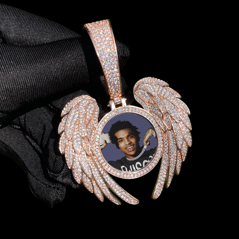 Iced Out Out Angel Wings Round Memory Photo Pendant Moissanite - Image 6