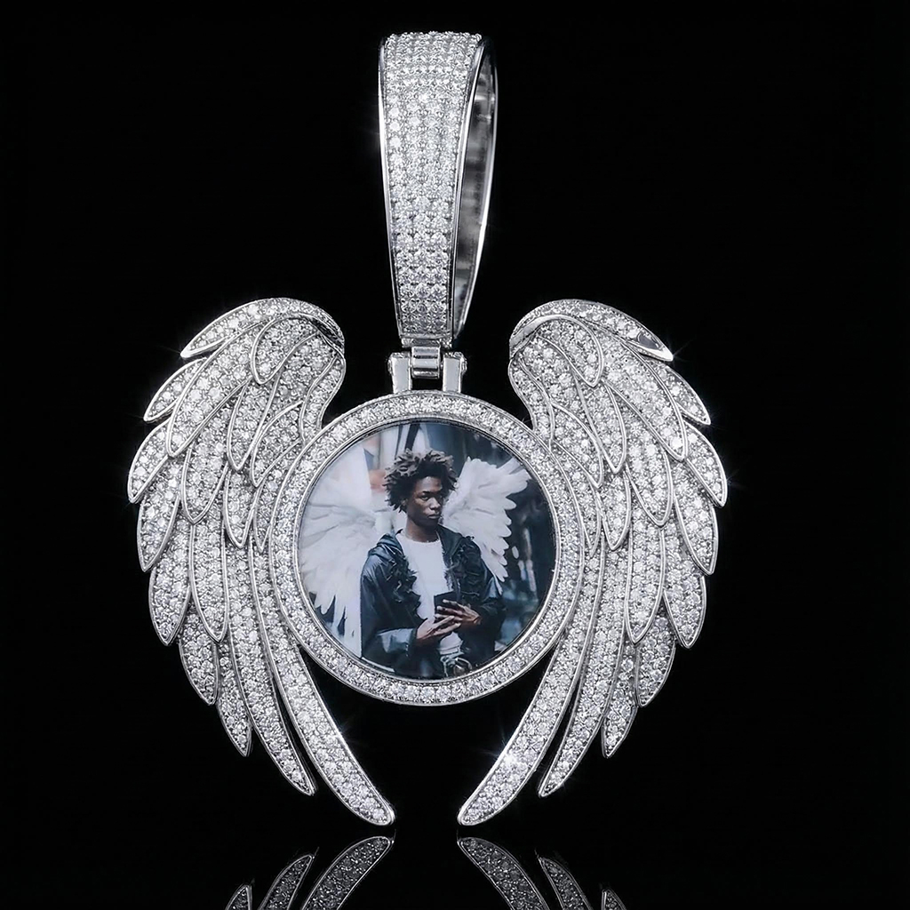 Iced Out Out Angel Wings Round Memory Photo Pendant Moissanite