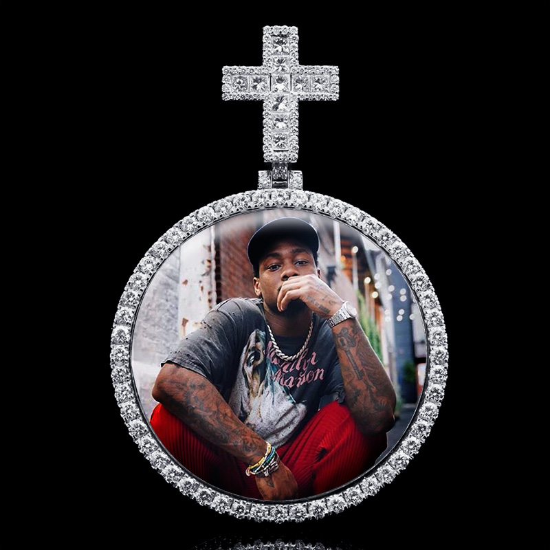 Iced Out Custom Princess Cut Cross Disc Photo Pendant Moissanite - Image 3