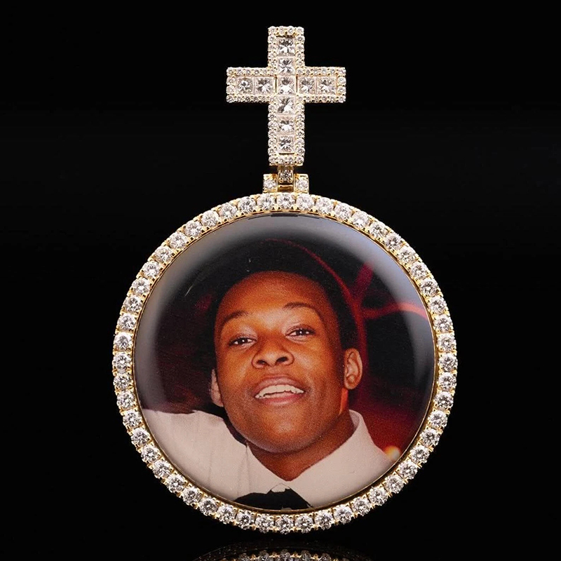 Iced Out Custom Princess Cut Cross Disc Photo Pendant Moissanite