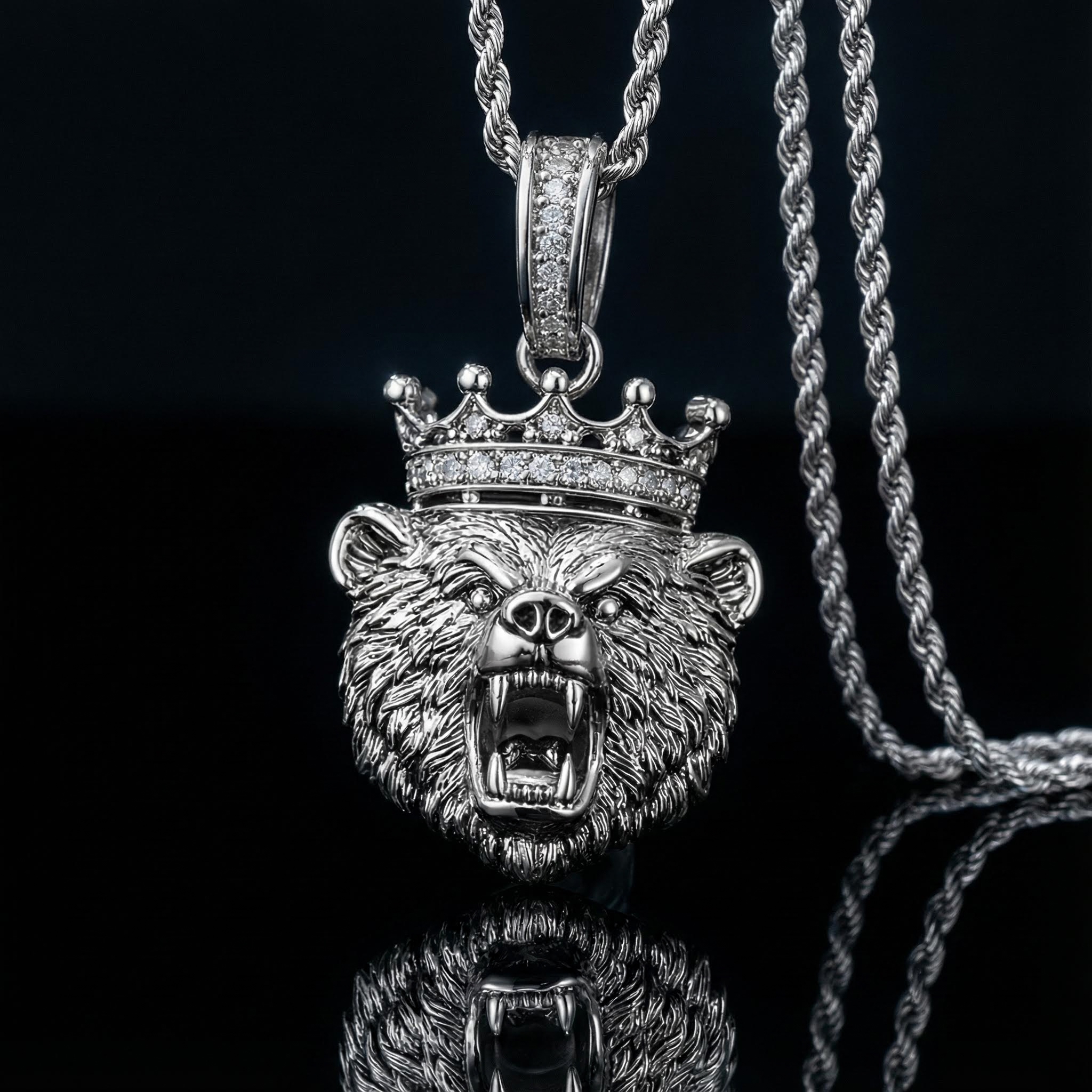 Iced Out Out Angry Bear Head Crown Pendant Silver With Street Luxury Shine - Image 3