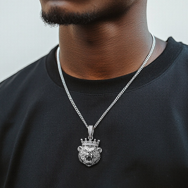 Iced Out Out Angry Bear Head Crown Pendant Silver With Street Luxury Shine - Image 4