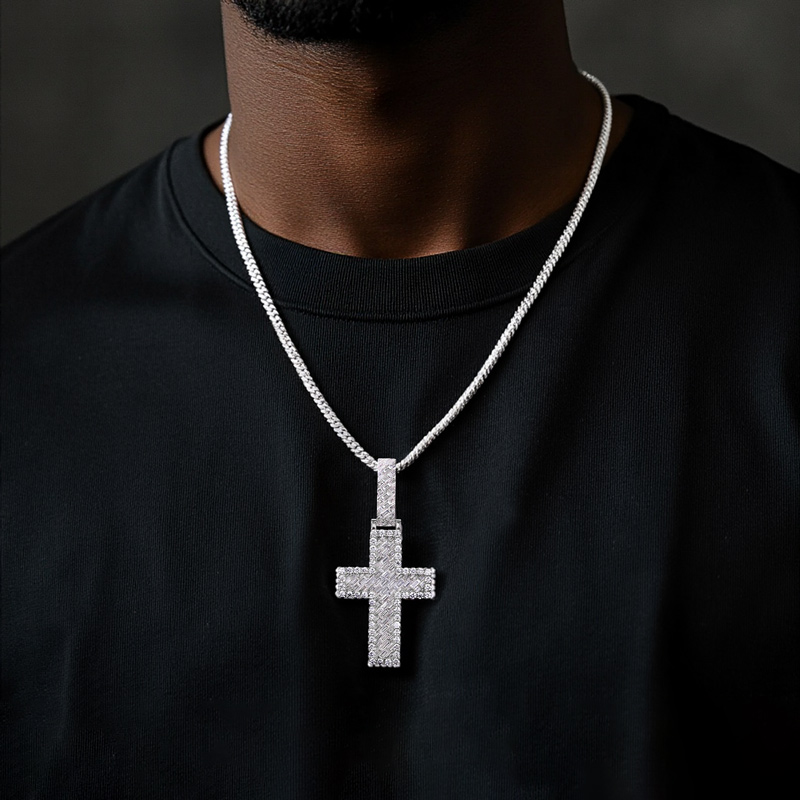 Iced Out Out Baguette & Round Cut Cross Pendant Moissanite - Image 3