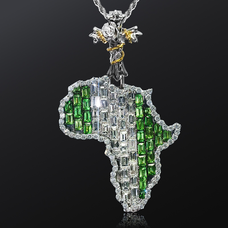 Iced Out Map Of Africa Baguette Cut Pendant Silver With Street Luxury Shine