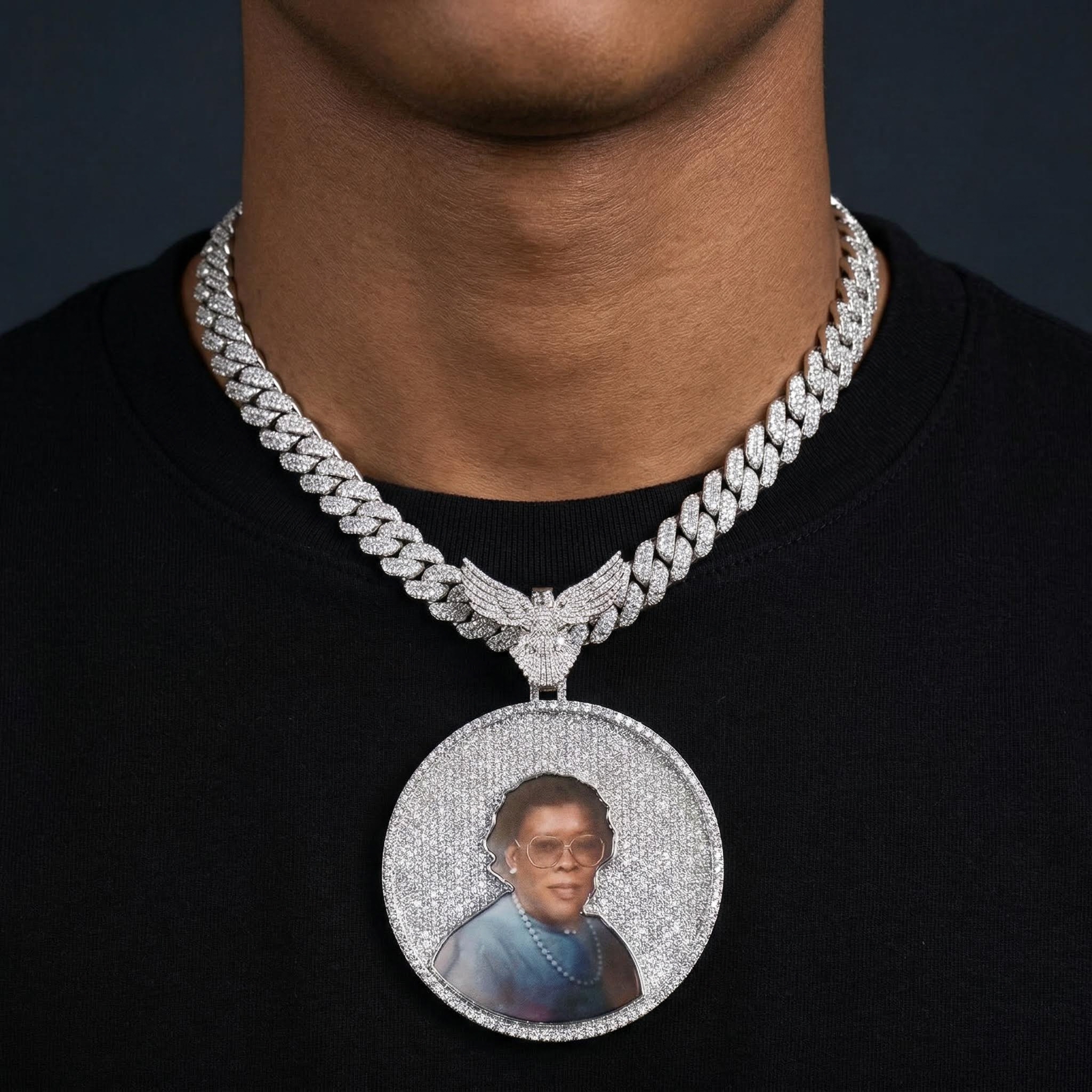 Iced Out Out Peace Dove Disc Photo Pendant Silver With Street Luxury Shine - Image 3