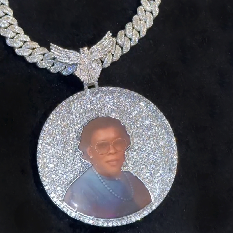 Iced Out Out Peace Dove Disc Photo Pendant Silver With Street Luxury Shine