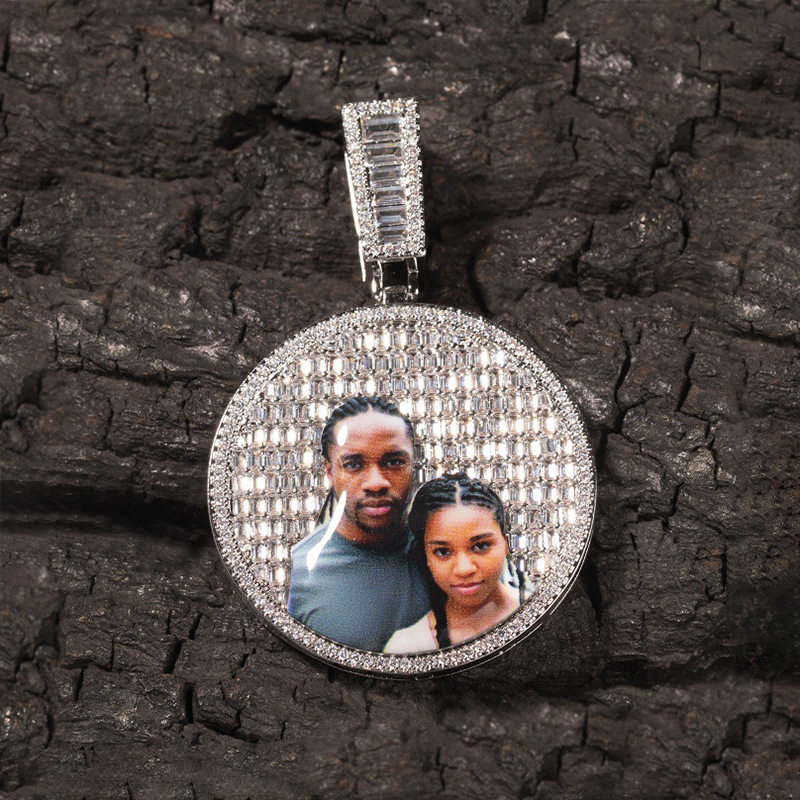 Custom Baguette Stones Round Shape Photo Pendant With Street Luxury Shine - Image 4