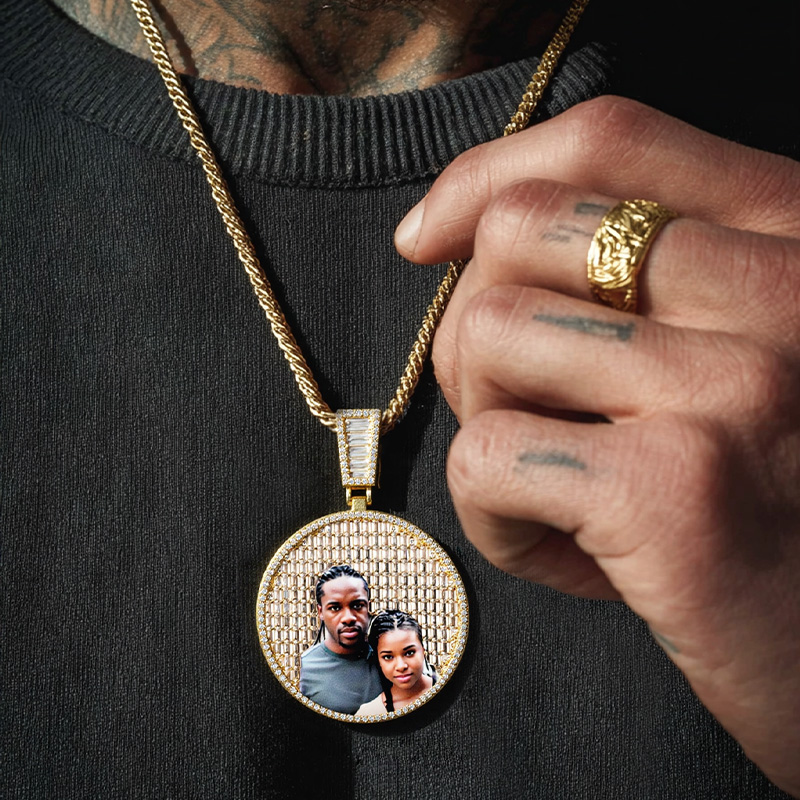 Custom Baguette Stones Round Shape Photo Pendant With Street Luxury Shine - Image 8