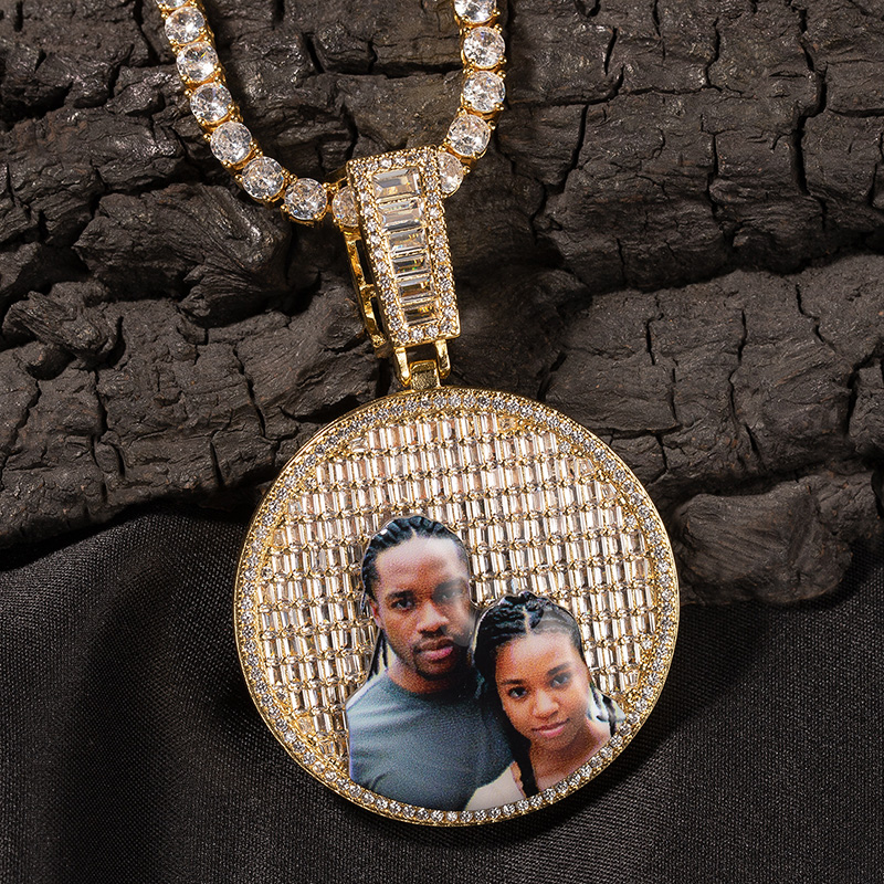 Custom Baguette Stones Round Shape Photo Pendant With Street Luxury Shine