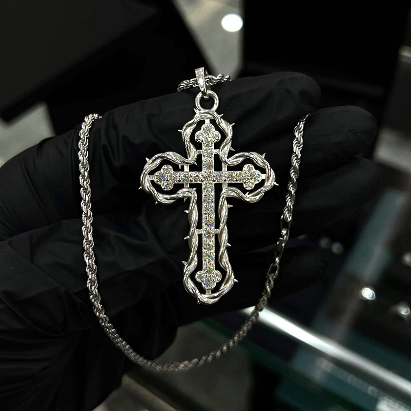 Iced Out Out Cross Pendant Necklace With Rope Frame Moissanite - Image 3
