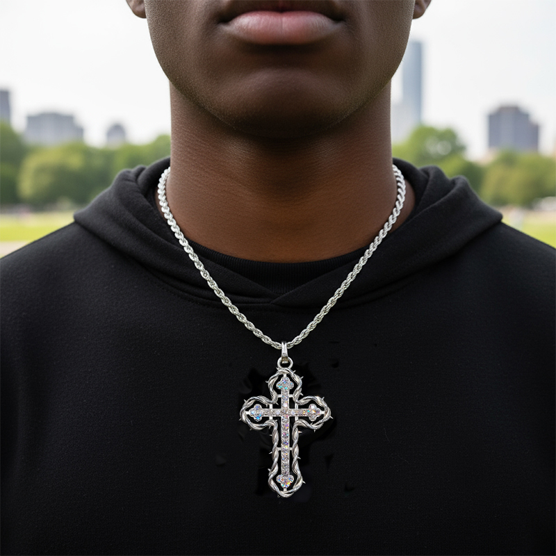 Iced Out Out Cross Pendant Necklace With Rope Frame Moissanite - Image 4