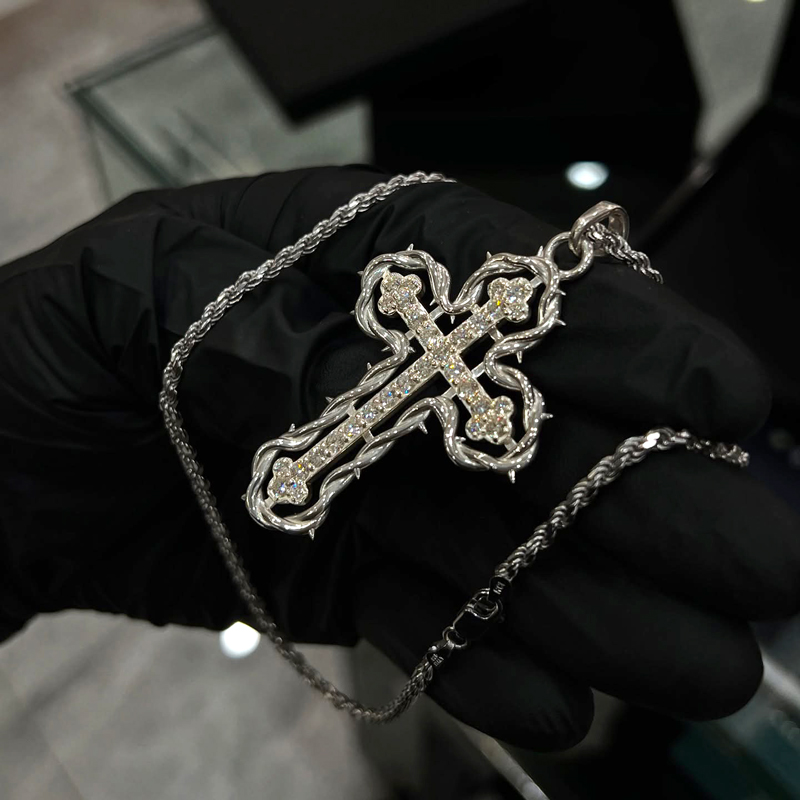 Iced Out Out Cross Pendant Necklace With Rope Frame Moissanite - Image 6