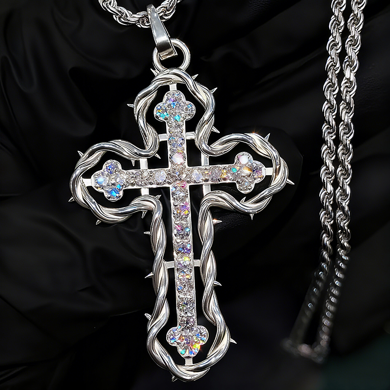 Iced Out Out Cross Pendant Necklace With Rope Frame Moissanite