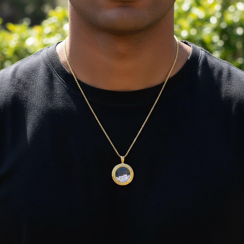 Greek Key Dancing Diamonds Pendent Necklace Gold With Street Luxury Shine - Image 3