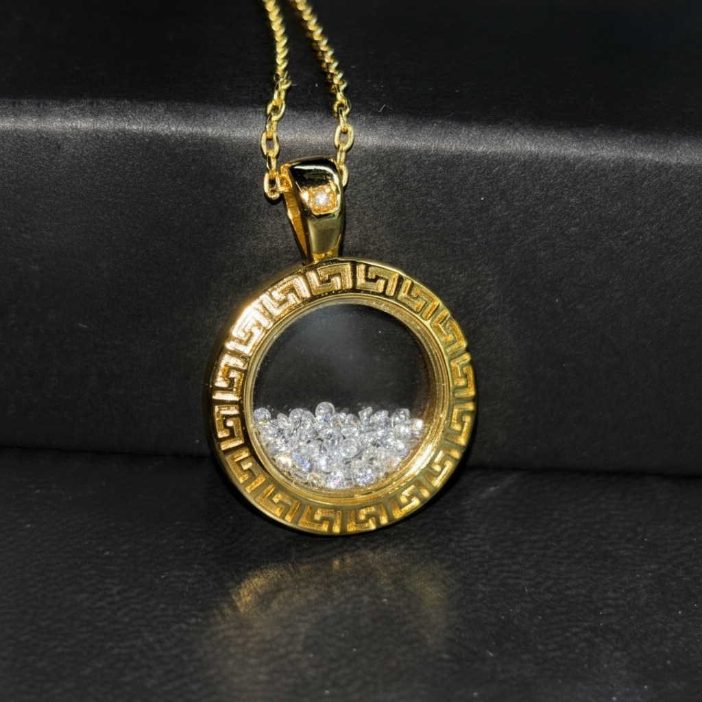 Greek Key Dancing Diamonds Pendent Necklace Gold With Street Luxury Shine