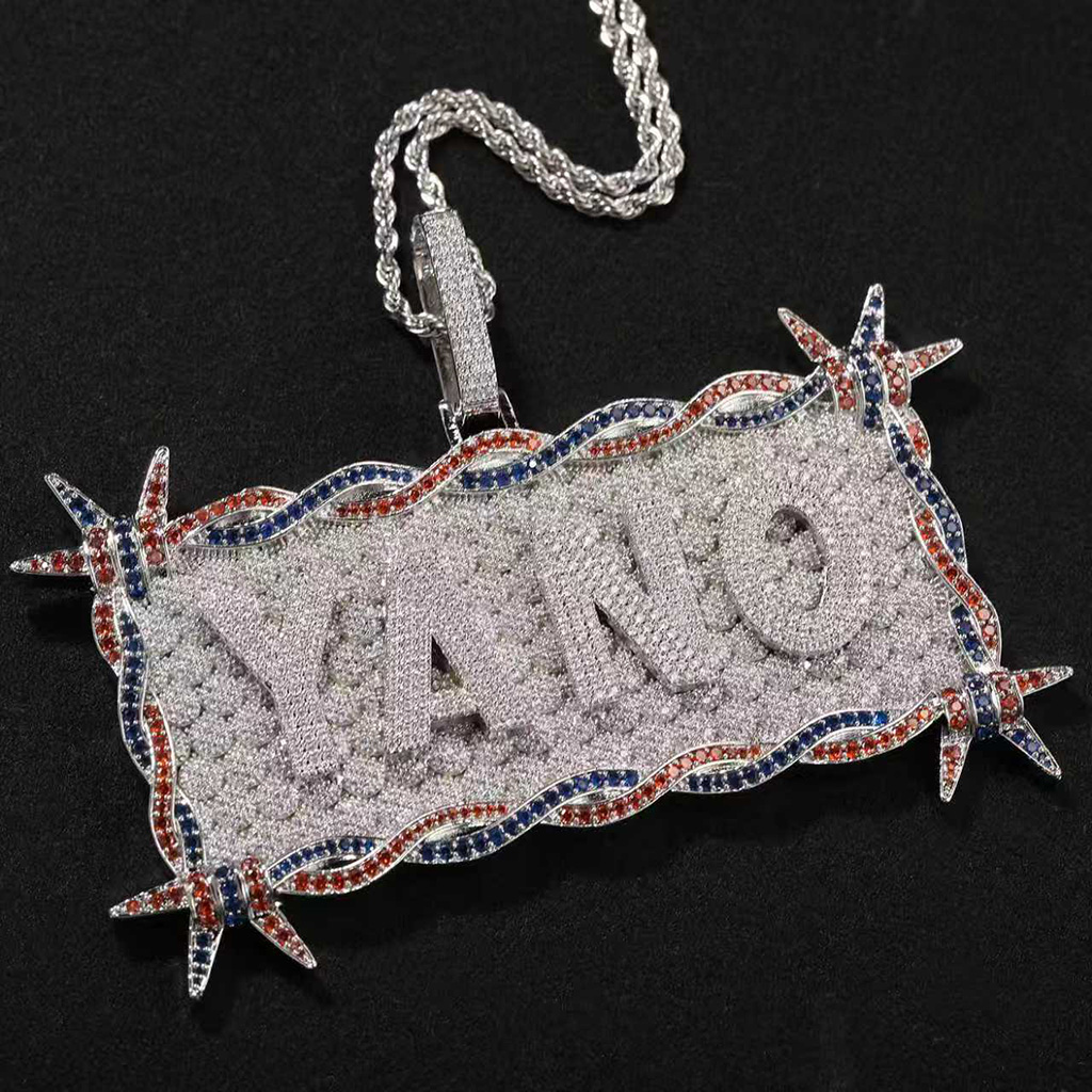 Iced Out Out Custom Letters/name Thorn Rectangular Pendant Silver - Image 3