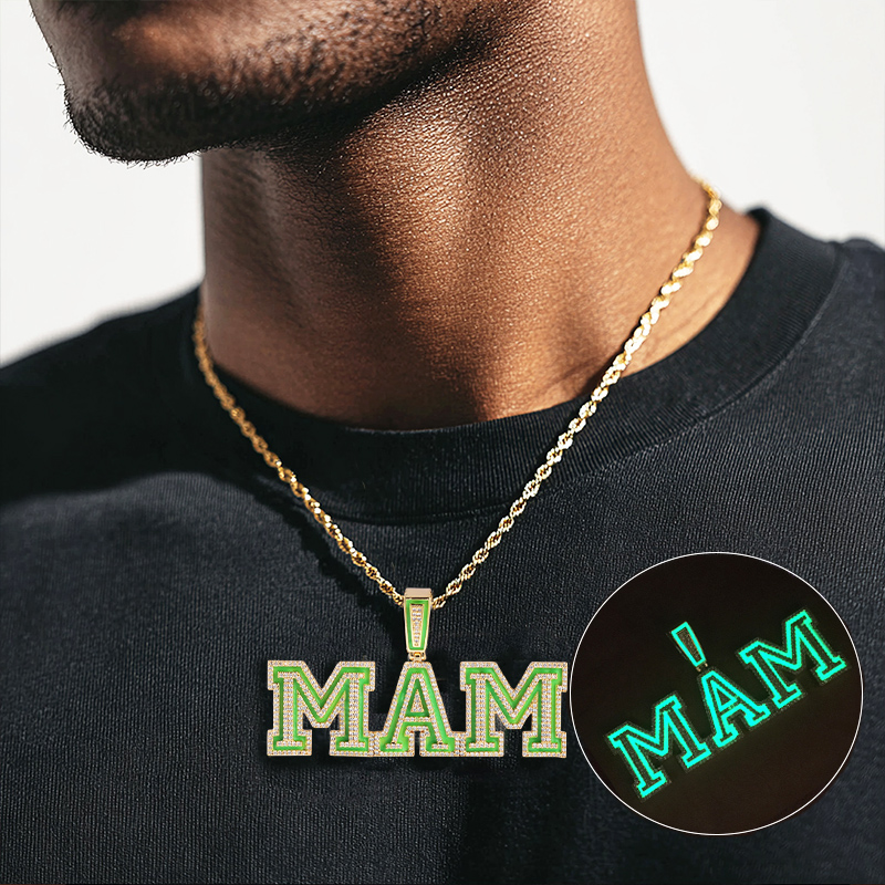 Iced Out Out Custom Name Glow In The Dark Pendent Necklace Silver