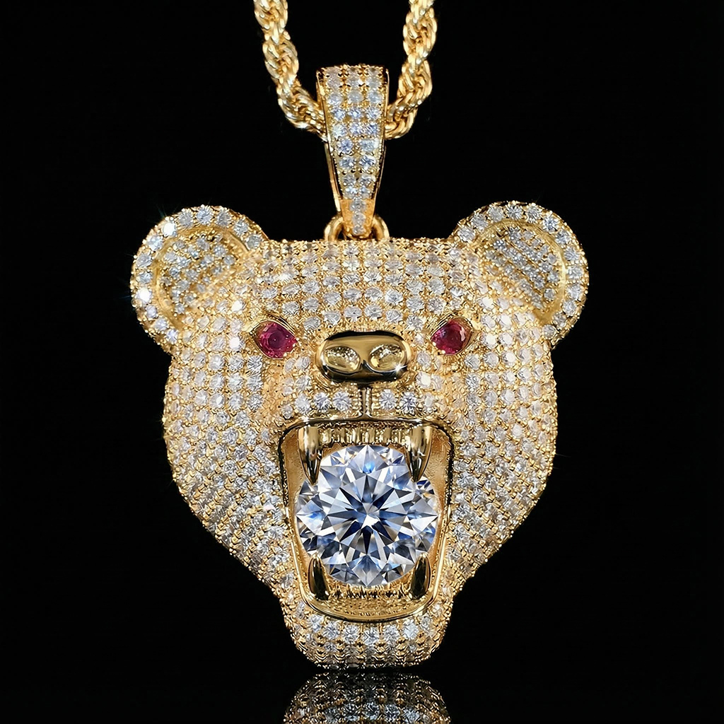 Iced Out Bear Bites Round Cut Diamond Pendant Moissanite