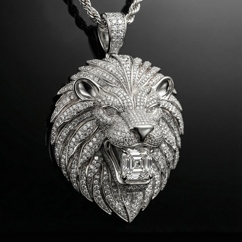 Iced Out Lion Bites Asscher Cut Diamond Pendant Moissanite - Image 3