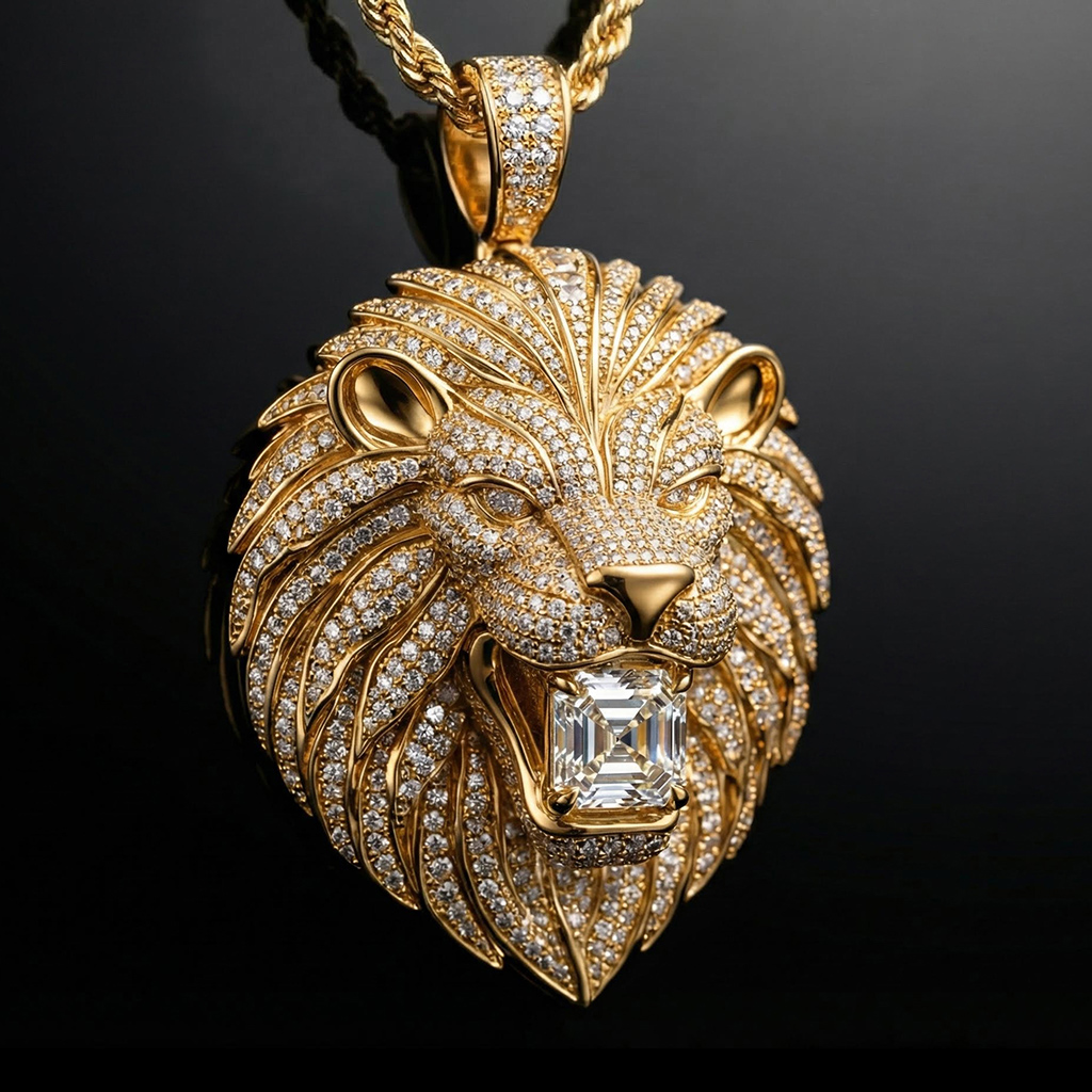Iced Out Lion Bites Asscher Cut Diamond Pendant Moissanite