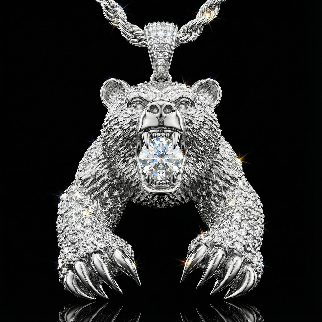 Iced Out Bear Bites Round Cut Diamond Pendant Moissanite