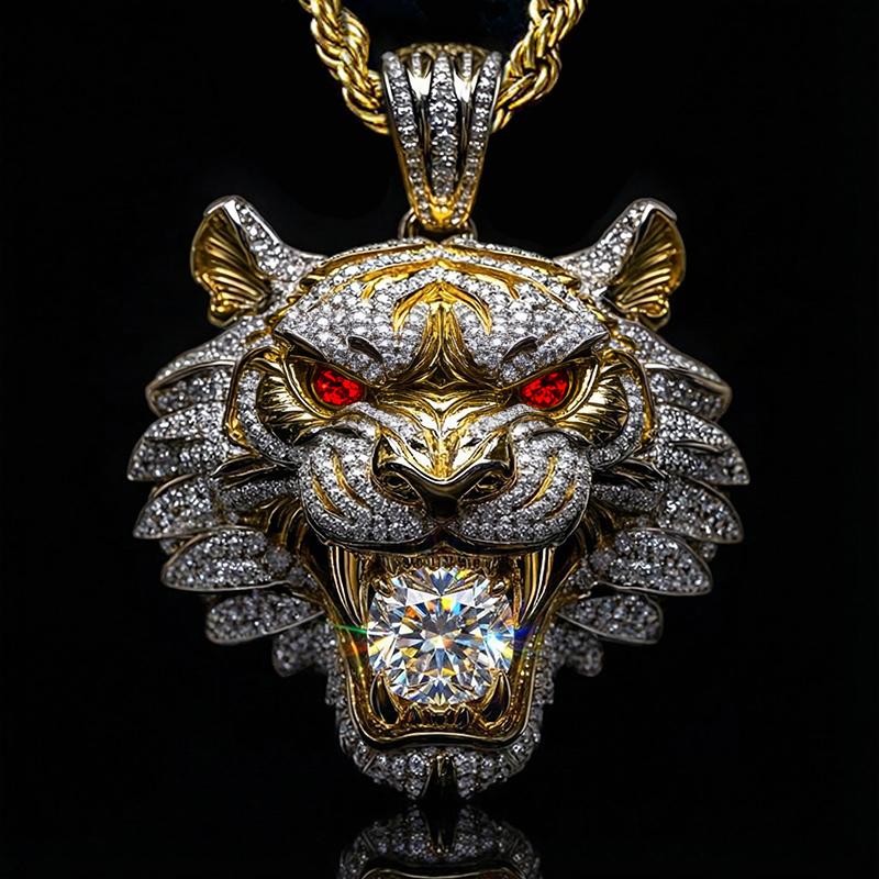 Micro Pave Tiger Bites Round Cut Diamond Pendant Moissanite - Image 3