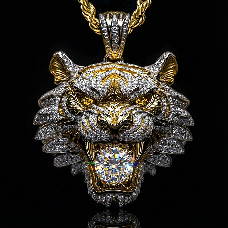 Micro Pave Tiger Bites Round Cut Diamond Pendant Moissanite - Image 4