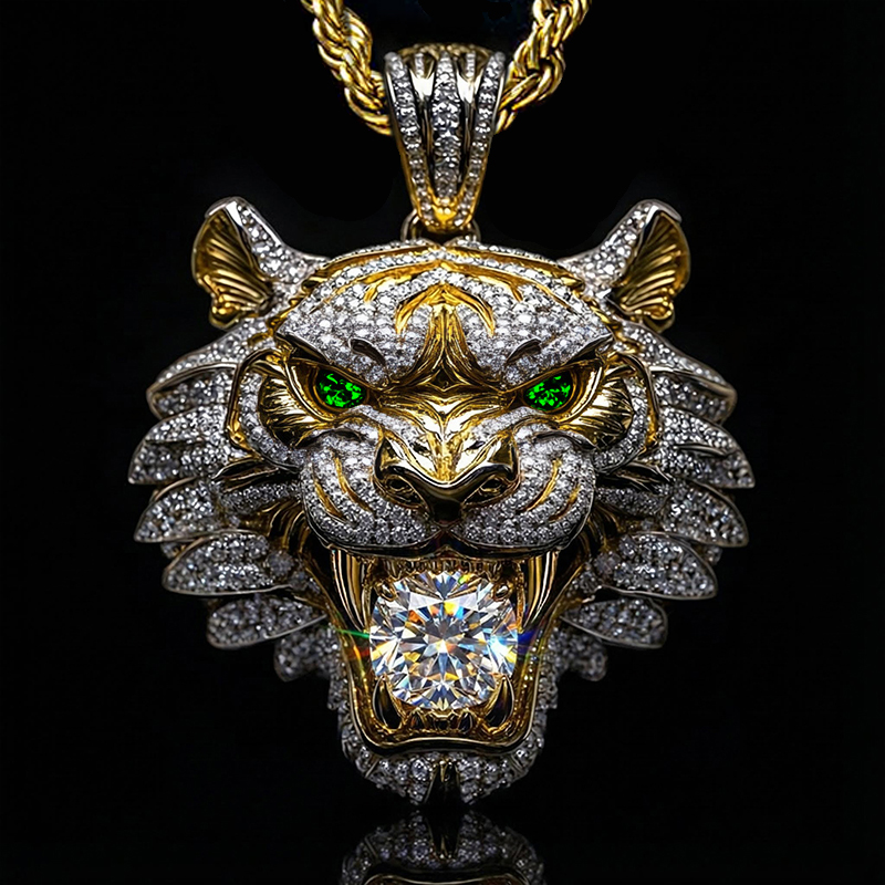Micro Pave Tiger Bites Round Cut Diamond Pendant Moissanite