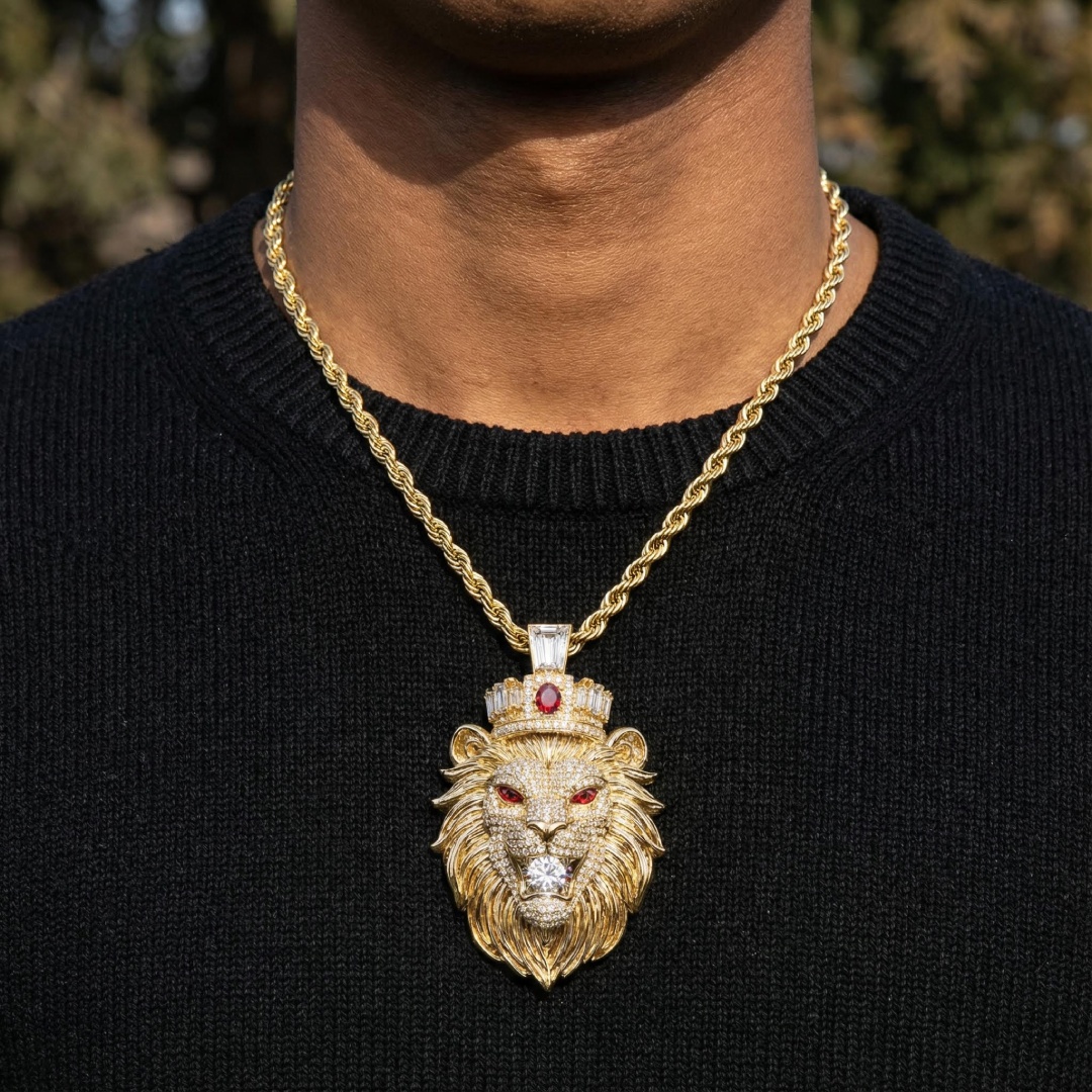 Red Stone Eye Lion Bites Round Cut Diamond Pendant With Iced Out Shine - Image 3