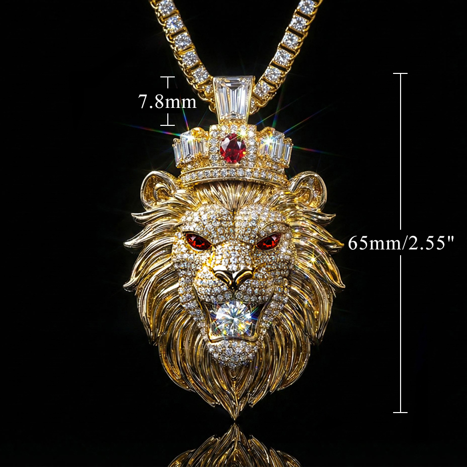 Red Stone Eye Lion Bites Round Cut Diamond Pendant With Iced Out Shine - Image 4